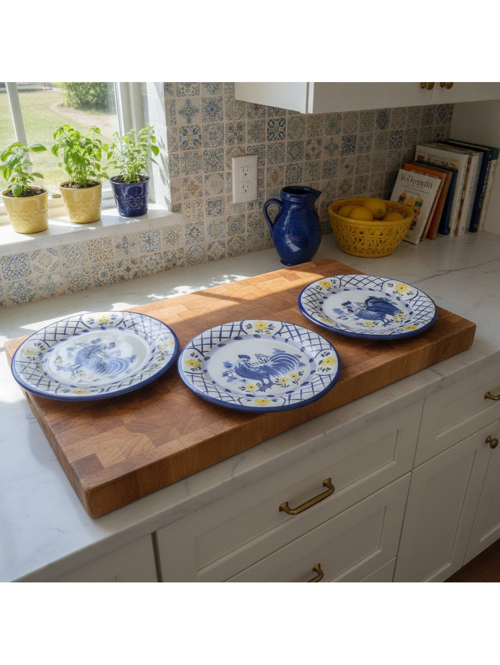 Rooster Dinner Plates Set Blue White Yellow 10 1/4" Bella Casa By Ganz Flower
